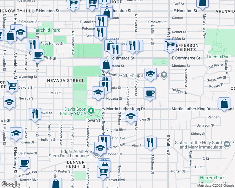 map of restaurants, bars, coffee shops, grocery stores, and more near 222 Connelly Street in San Antonio