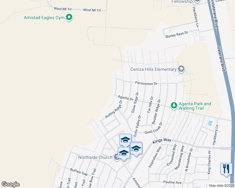 map of restaurants, bars, coffee shops, grocery stores, and more near 301 Ceniza Ridge Drive in Del Rio