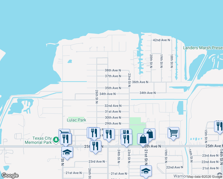 map of restaurants, bars, coffee shops, grocery stores, and more near 3402 North Logan Street in Texas City
