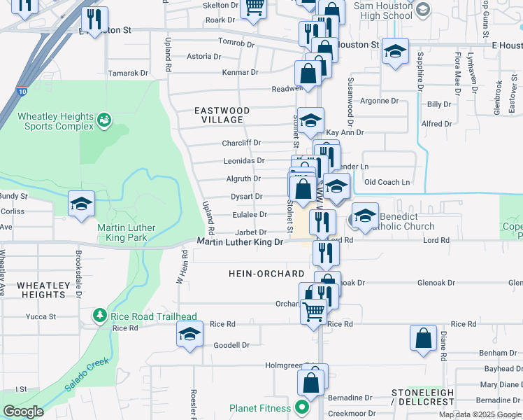 map of restaurants, bars, coffee shops, grocery stores, and more near 4307 Eulalee Drive in San Antonio