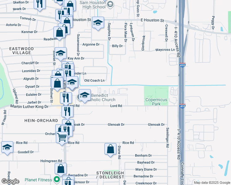 map of restaurants, bars, coffee shops, grocery stores, and more near 4835 Lord Road in San Antonio