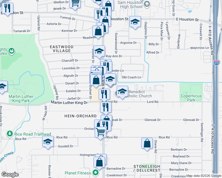 map of restaurants, bars, coffee shops, grocery stores, and more near 926 South WW White Road in San Antonio
