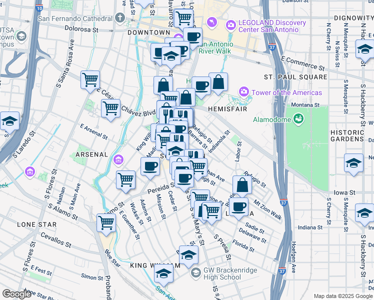 map of restaurants, bars, coffee shops, grocery stores, and more near in San Antonio