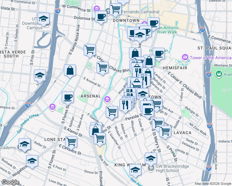 map of restaurants, bars, coffee shops, grocery stores, and more near 309 King William Street in San Antonio