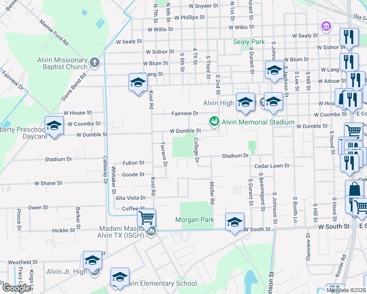 map of restaurants, bars, coffee shops, grocery stores, and more near 802 South Johnson Street in Alvin