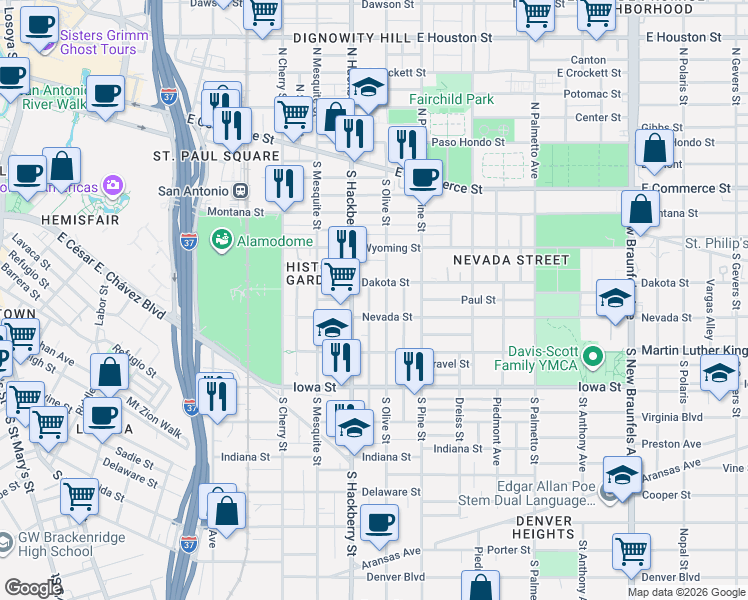 map of restaurants, bars, coffee shops, grocery stores, and more near 423 South Olive Street in San Antonio