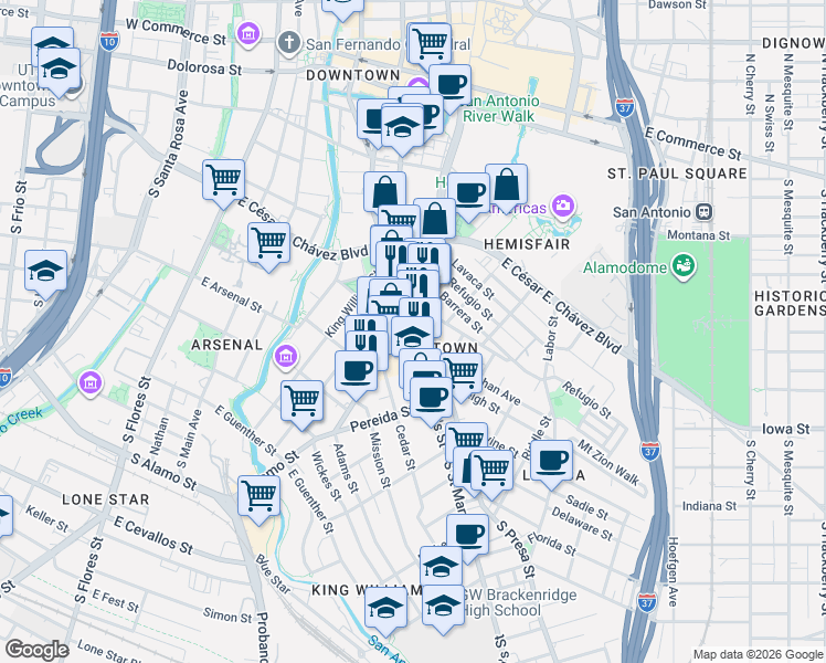 map of restaurants, bars, coffee shops, grocery stores, and more near 1005 South Alamo Street in San Antonio
