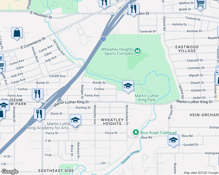map of restaurants, bars, coffee shops, grocery stores, and more near 646 Corliss in San Antonio