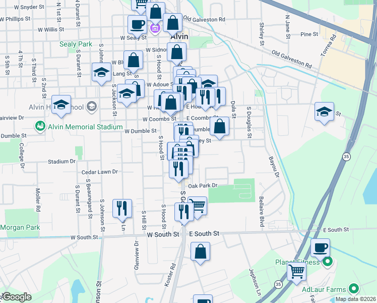 map of restaurants, bars, coffee shops, grocery stores, and more near 1100 South Gordon Street in Alvin