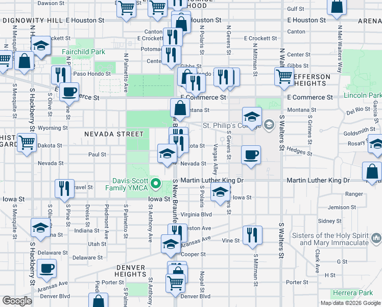 map of restaurants, bars, coffee shops, grocery stores, and more near 214 Connelly Street in San Antonio