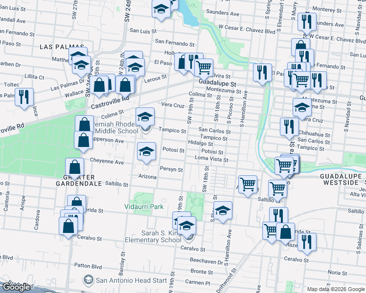 map of restaurants, bars, coffee shops, grocery stores, and more near 1401 Southwest 19th Street in San Antonio
