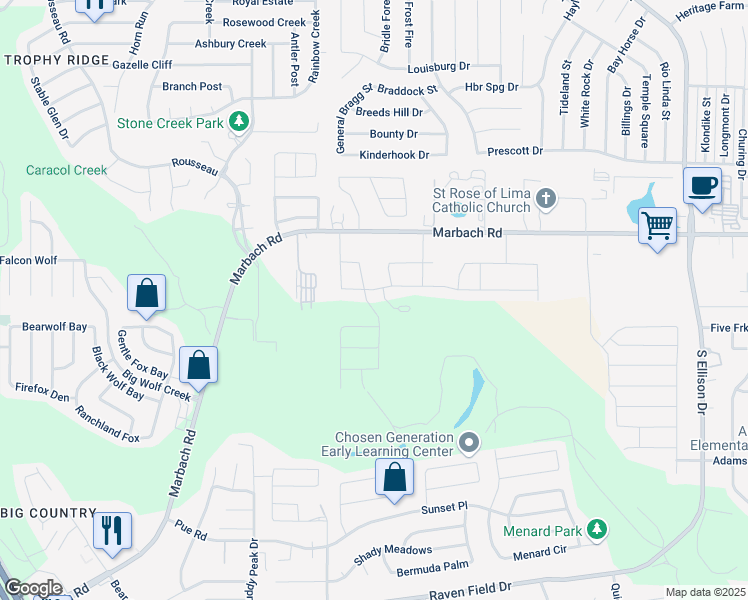 map of restaurants, bars, coffee shops, grocery stores, and more near 10202 Overlook Canyon in San Antonio