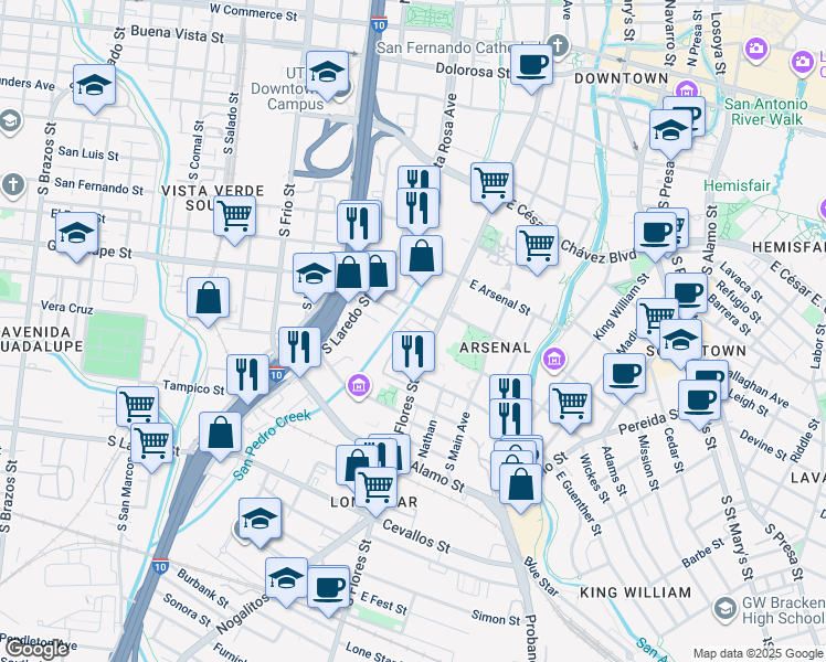 map of restaurants, bars, coffee shops, grocery stores, and more near 931 Merchant Alley in San Antonio