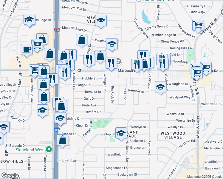 map of restaurants, bars, coffee shops, grocery stores, and more near 1803 Big Rock Drive in San Antonio
