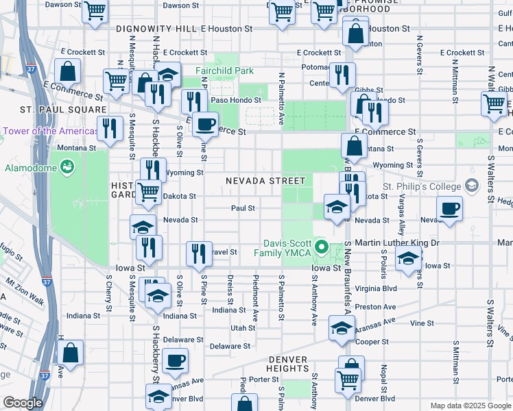 map of restaurants, bars, coffee shops, grocery stores, and more near 210 Paul Street in San Antonio