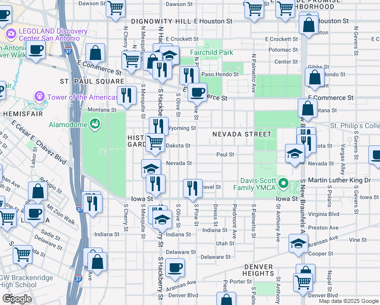 map of restaurants, bars, coffee shops, grocery stores, and more near 427 South Pine Street in San Antonio