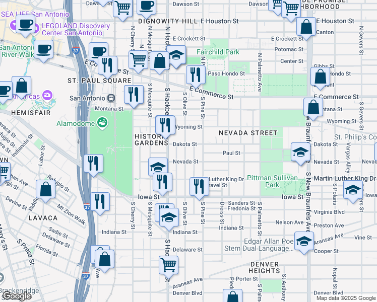 map of restaurants, bars, coffee shops, grocery stores, and more near 423 South Olive Street in San Antonio