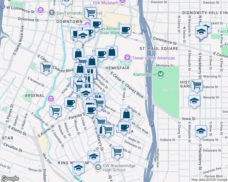 map of restaurants, bars, coffee shops, grocery stores, and more near 314 Refugio Street in San Antonio