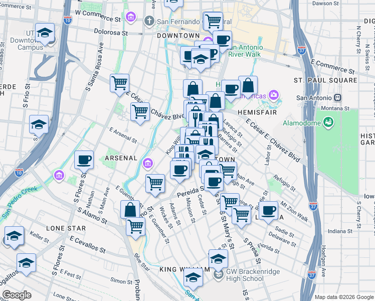 map of restaurants, bars, coffee shops, grocery stores, and more near 233 Madison in San Antonio