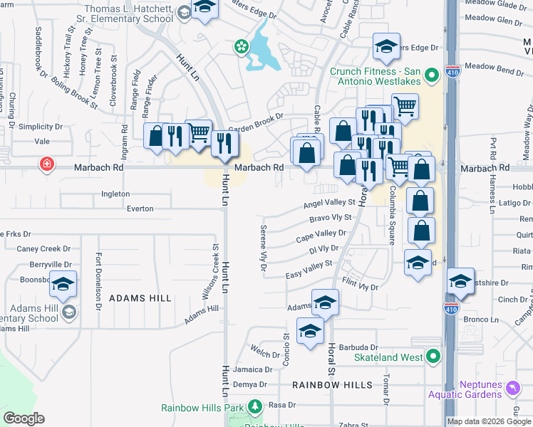 map of restaurants, bars, coffee shops, grocery stores, and more near 1807 Serene Valley Street in San Antonio