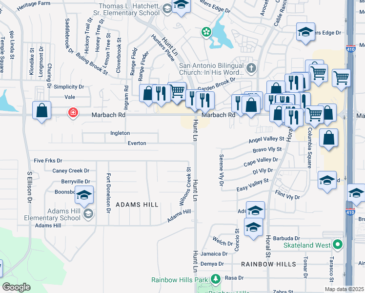 map of restaurants, bars, coffee shops, grocery stores, and more near 9118 Everton in San Antonio