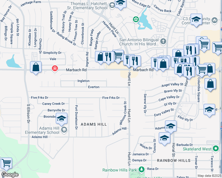 map of restaurants, bars, coffee shops, grocery stores, and more near 9166 Everton in San Antonio