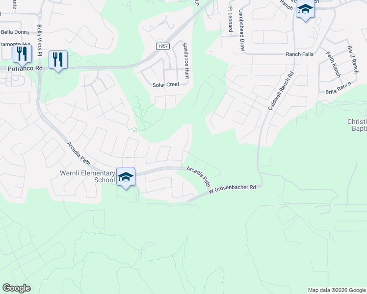 map of restaurants, bars, coffee shops, grocery stores, and more near Ares Way in San Antonio