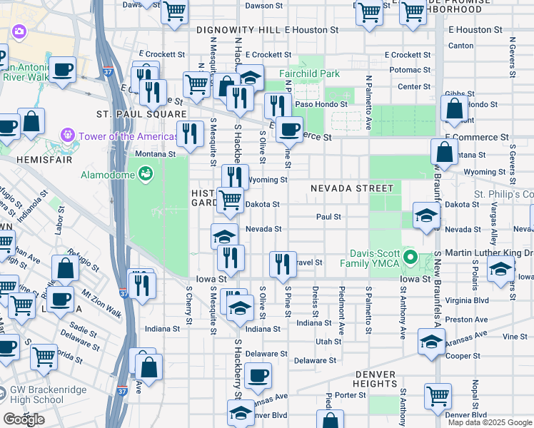 map of restaurants, bars, coffee shops, grocery stores, and more near 423 South Olive Street in San Antonio