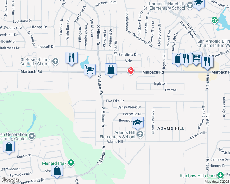 map of restaurants, bars, coffee shops, grocery stores, and more near 9582 Everton in San Antonio