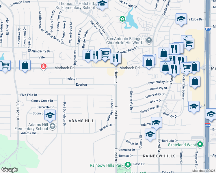 map of restaurants, bars, coffee shops, grocery stores, and more near 9118 Everton in San Antonio