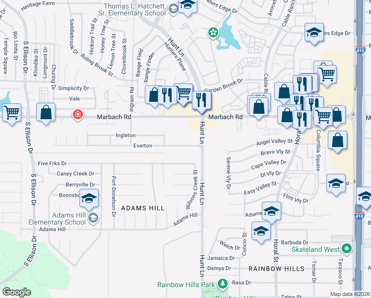 map of restaurants, bars, coffee shops, grocery stores, and more near 9118 Everton in San Antonio