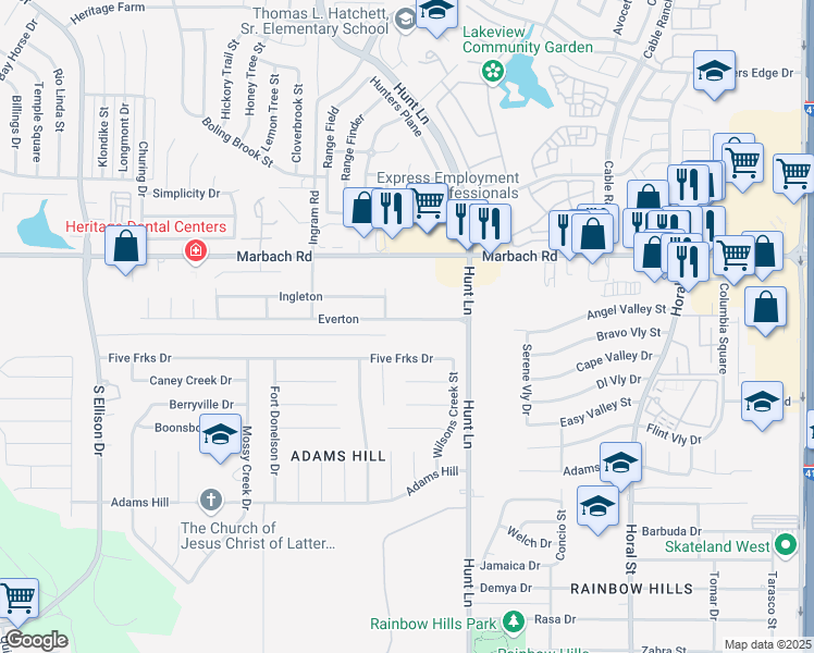 map of restaurants, bars, coffee shops, grocery stores, and more near 9166 Everton in San Antonio