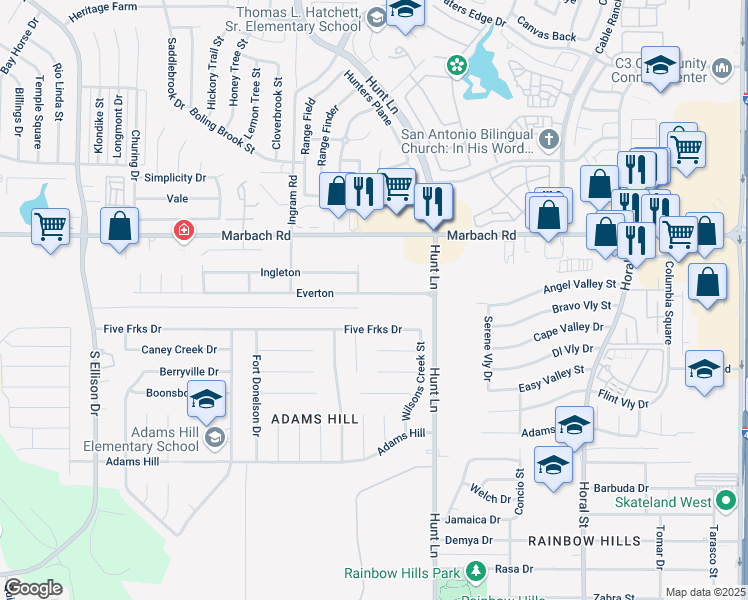 map of restaurants, bars, coffee shops, grocery stores, and more near 9166 Everton in San Antonio