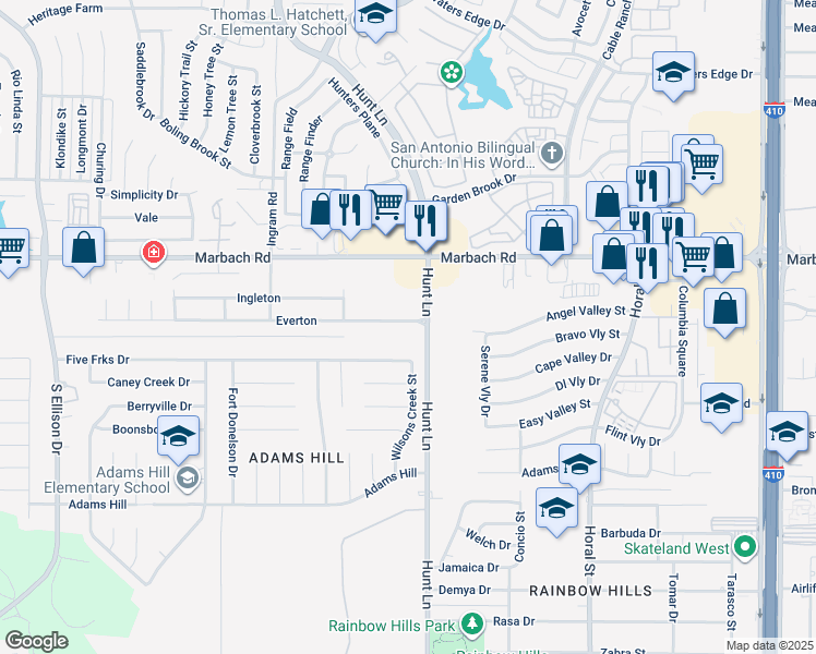 map of restaurants, bars, coffee shops, grocery stores, and more near 9118 Everton in San Antonio