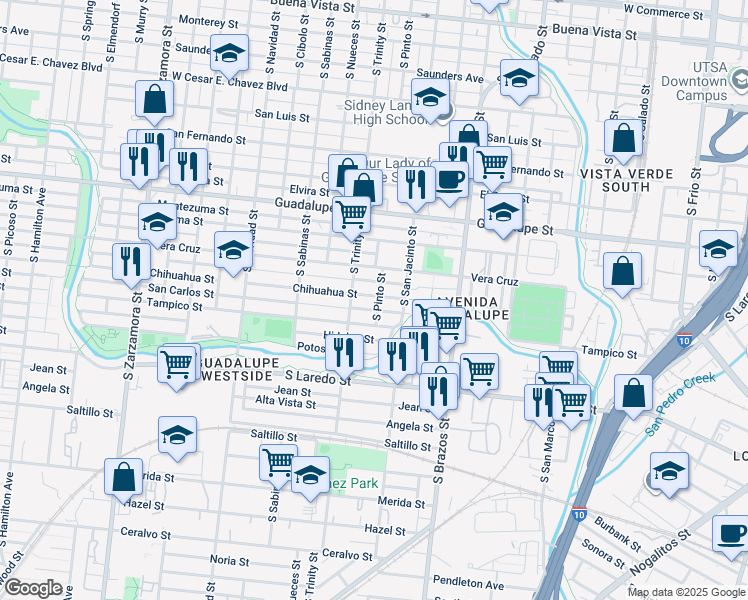 map of restaurants, bars, coffee shops, grocery stores, and more near 302 San Carlos Street in San Antonio