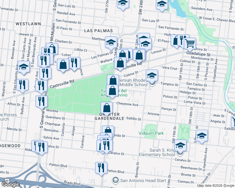 map of restaurants, bars, coffee shops, grocery stores, and more near 226 Cupples Road in San Antonio