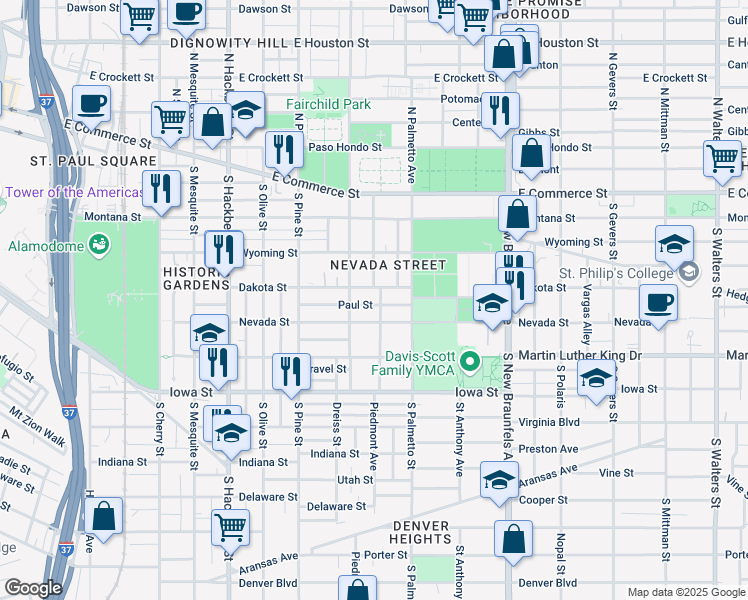 map of restaurants, bars, coffee shops, grocery stores, and more near 210 Paul Street in San Antonio