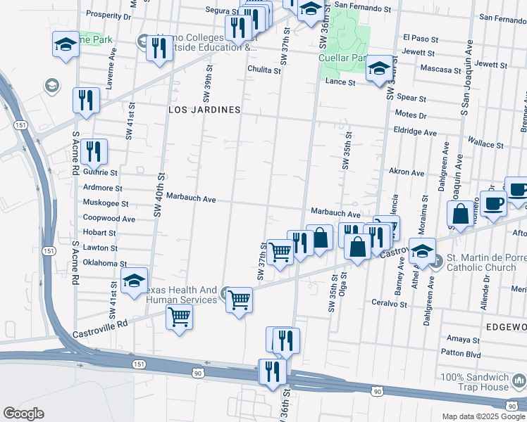 map of restaurants, bars, coffee shops, grocery stores, and more near 923 Southwest 37th Street in San Antonio