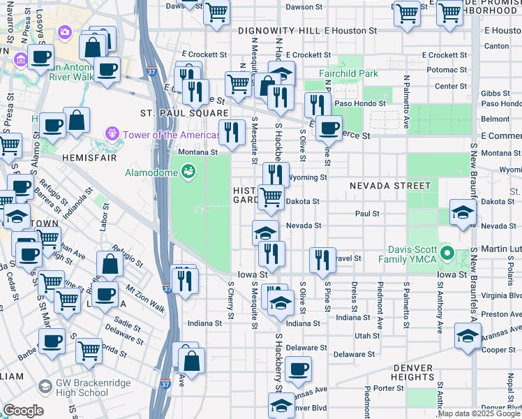 map of restaurants, bars, coffee shops, grocery stores, and more near 523 South Mesquite Street in San Antonio
