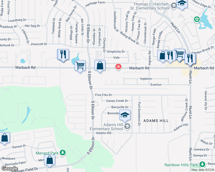 map of restaurants, bars, coffee shops, grocery stores, and more near 9582 Everton in San Antonio