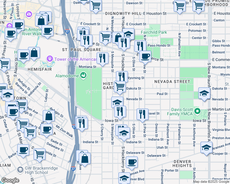 map of restaurants, bars, coffee shops, grocery stores, and more near 523 South Mesquite Street in San Antonio