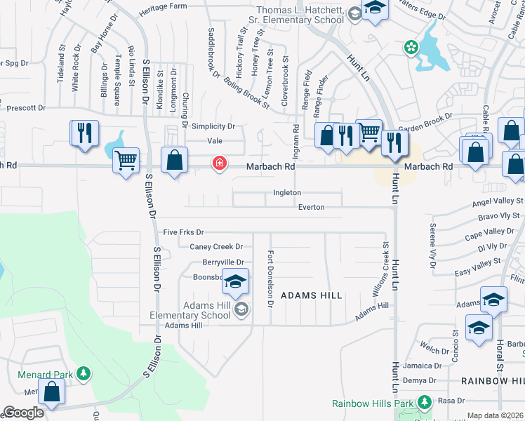 map of restaurants, bars, coffee shops, grocery stores, and more near 9406 Everton in San Antonio