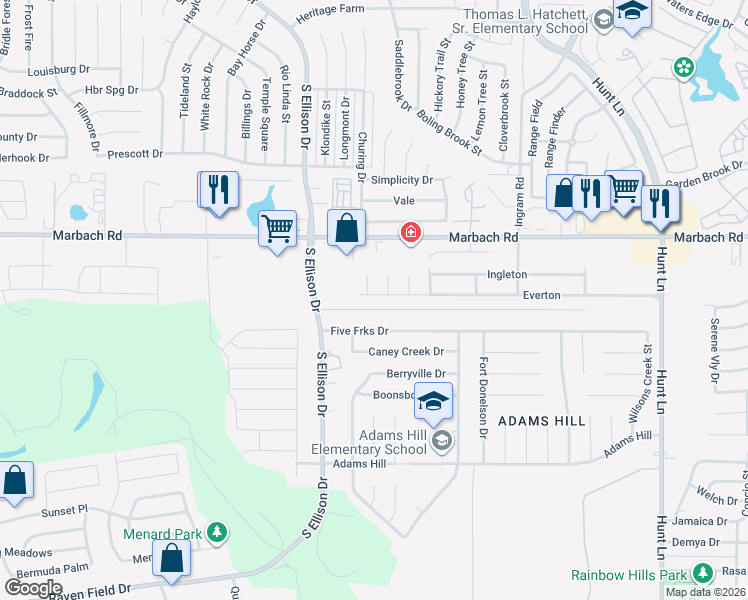 map of restaurants, bars, coffee shops, grocery stores, and more near 9582 Everton in San Antonio