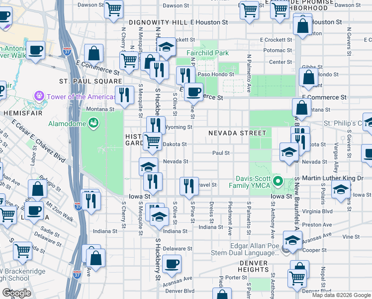 map of restaurants, bars, coffee shops, grocery stores, and more near 108 Spruce Street in San Antonio