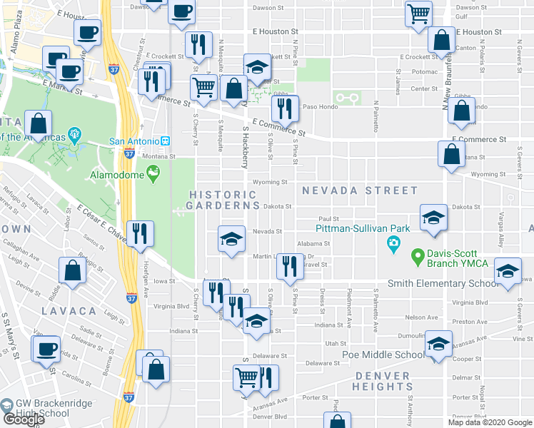 map of restaurants, bars, coffee shops, grocery stores, and more near 409 South Olive Street in San Antonio