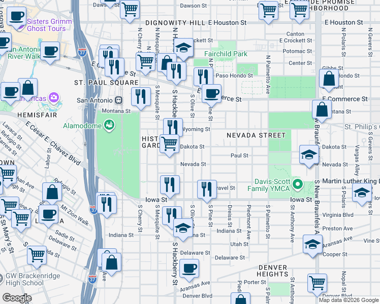 map of restaurants, bars, coffee shops, grocery stores, and more near 423 South Olive Street in San Antonio