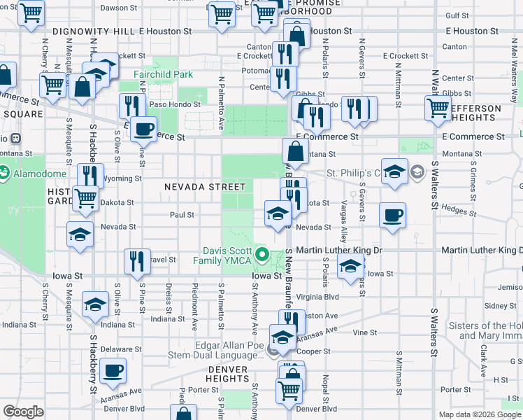 map of restaurants, bars, coffee shops, grocery stores, and more near Dakota Street in San Antonio