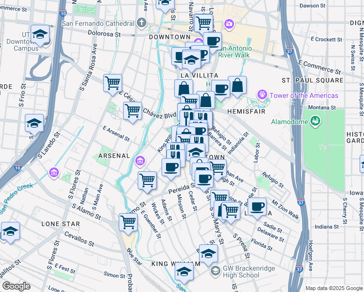 map of restaurants, bars, coffee shops, grocery stores, and more near 1005 South Alamo Street in San Antonio