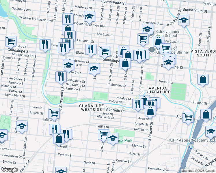 map of restaurants, bars, coffee shops, grocery stores, and more near 1423 Tampico Street in San Antonio