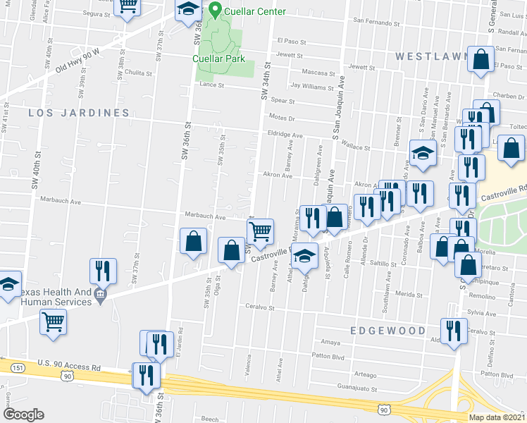 map of restaurants, bars, coffee shops, grocery stores, and more near 1530 Valencia in San Antonio